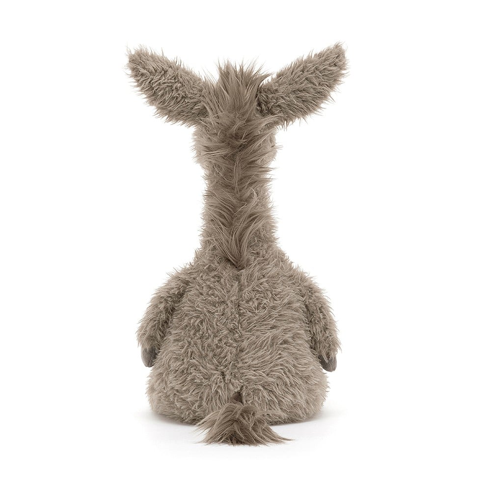 Tailored for cuddles: The back view of Jellycat's Dario Donkey reveals his soft fur, chunky form, and adorable tail. Perfect for cozy snuggles after a day of exploration.