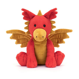 Front-facing Jellycat Darvin Dragon plush, highlighting its bright red fur, yellow accents, and embroidered details.