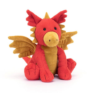 Jellycat Darvin Dragon in fiery red fur with a turmeric nose, showing fluted wings and gentle spines.