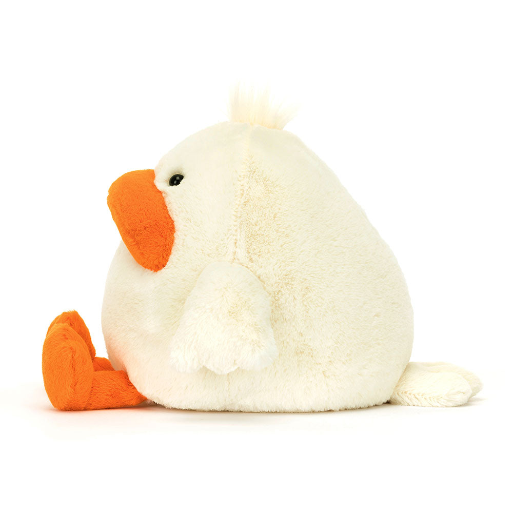 Side view of Jellycat Delia Duck, displaying her soft and cuddly body.
