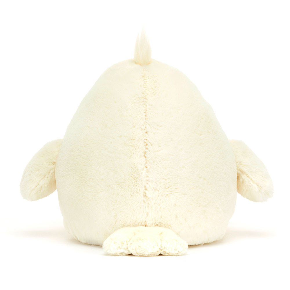 Back view of Jellycat Delia Duck, featuring her fluffy tail and soft fabric.