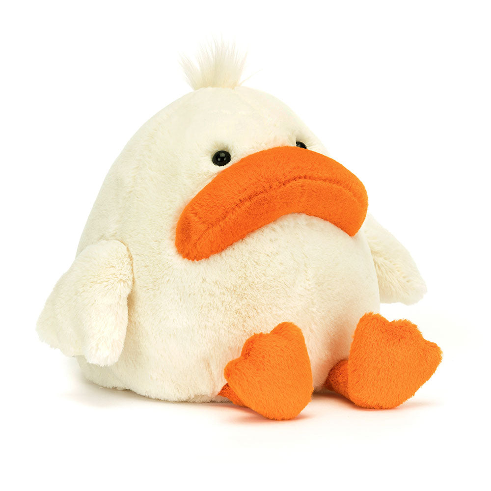 Angle view of Jellycat Delia Duck, highlighting her cute beak and wings.