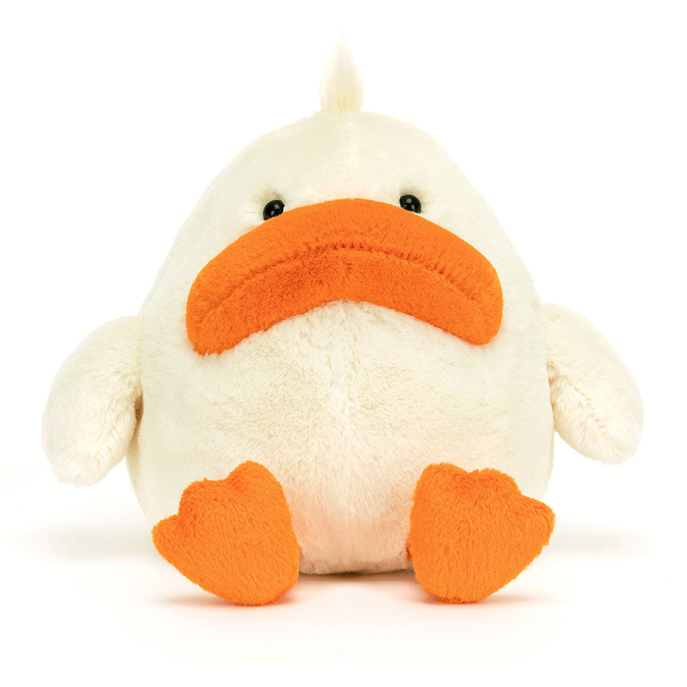 Front view of Jellycat Delia Duck, showcasing her fluffy yellow feathers and friendly face.