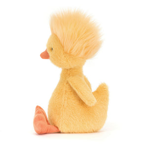 Side view of Jellycat Dorit Duckling, displaying its fluffy body and adorable profile.