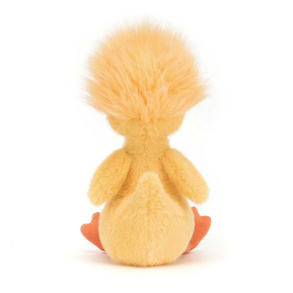 Back view of Jellycat Dorit Duckling, featuring its soft feathers and small tail.
