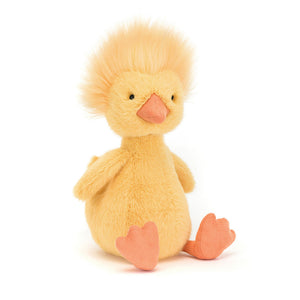 Angle view of Jellycat Dorit Duckling, highlighting its tiny feet and cute wings.