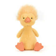 Front view of Jellycat Dorit Duckling, showcasing its soft yellow feathers and bright orange beak.
