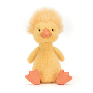 Front view of Jellycat Dorit Duckling, showcasing its soft yellow feathers and bright orange beak.