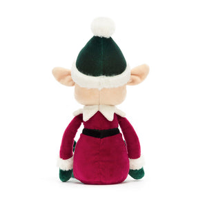 Jellycat Eldo Elf from behind, showcasing the full view of his festive suit.