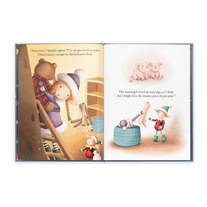 Jellycat Eldo Elf And The Patchwork Bashful Bunny Book. Showcasing two pages with detailed illustration.