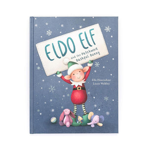 A close-up of the book cover, featuring Jellycat Eldo Elf and the Patchwork Bashful Bunny.