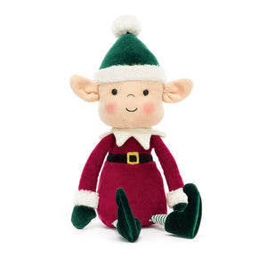 Jellycat Eldo Elf, a charming pixie with a festive mulberry suit and a rosy smile.