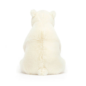 Back view of Jellycat Elwin Polar Bear plush toy highlighting his smooth white fur and cute tail.