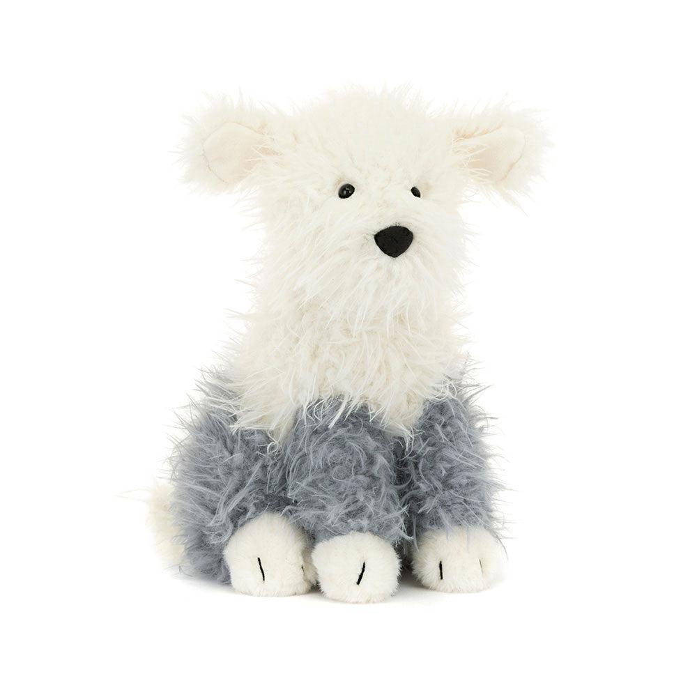 Jellycat Ewert Sheepdog plush toy with fluffy cream and grey fur.