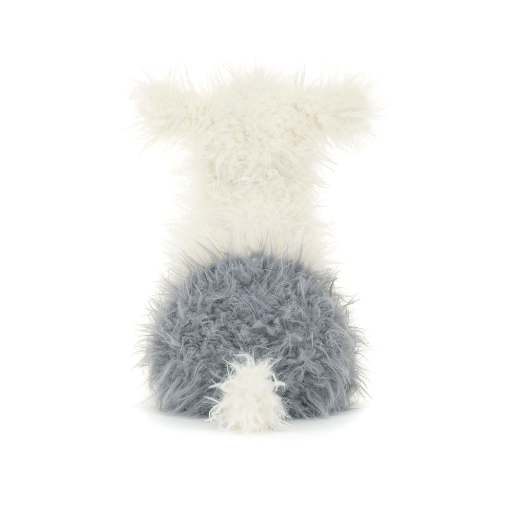 Back of Jellycat Ewert Sheepdog showing shaggy tail and fur texture.