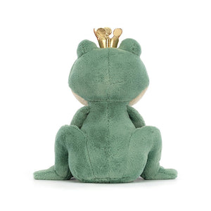 Your royal highness awaits! A captivating Jellycat Fabian Frog Prince, seen from behind, with his soft golden crown taking center stage. The two-tone fur (green and beige) and bobbly toes add to his charm.