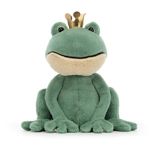 Meet Fabian Frog Prince! This charming Jellycat plush frog features a wide smile, two-tone fur, a soft golden crown, and cute bobbly toes.