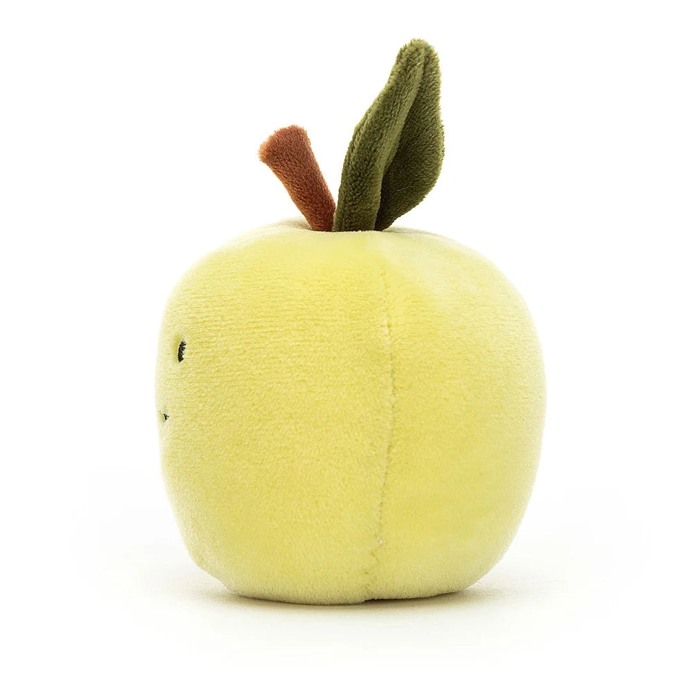 A charming Jellycat Fabulous Fruit Apple in profile, showcasing its super soft green fur, cute stalk, and deep green leaf. It's ready for playtime! 