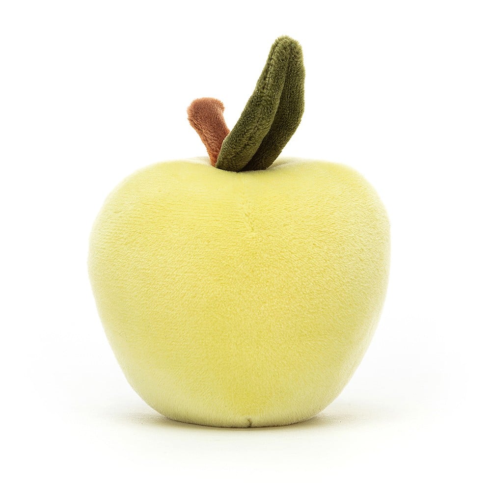 Don't be fooled, it's a cuddly friend! A captivating Jellycat Fabulous Fruit Apple, seen from behind, with its deep green leaf taking center stage. The soft green fur and sweet stalk add to its charm.