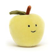 A playful Jellycat Fabulous Fruit Apple, tilted at an angle, with super soft green fur, a sweet stalk, and a deep green leaf. Perfect for cuddles!