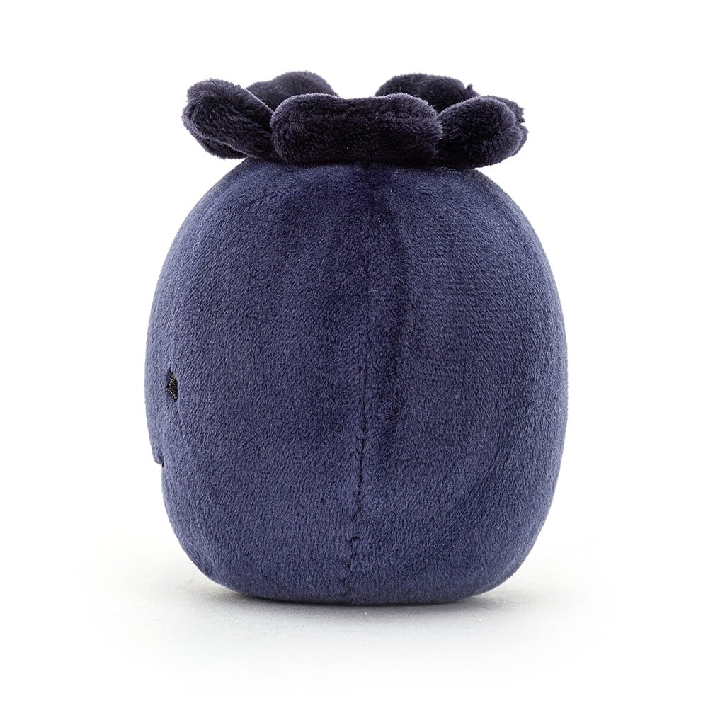 Squishy and sweet! The Jellycat Fabulous Fruit Blueberry, with its velvety fur and plump form, is a cuddly companion for on-the-go adventures. (Side view)