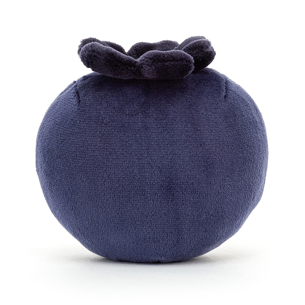 A berry from all angles! The Jellycat Fabulous Fruit Blueberry features a vibrant color, soft fur, and a playful topknot, making it a delightful addition to any plush collection. (Back view)