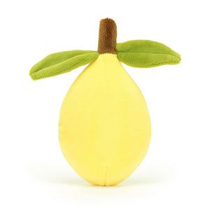 A citrusy friend from all angles! The Jellycat Fabulous Fruit Lemon features sunshine-yellow fur, a cheeky grin, and a leafy hat, adding a touch of summer fun to any plushie collection. (Back view)