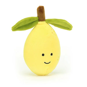 Sunshine in a plushie! The Jellycat Fabulous Fruit Lemon features a cheeky grin, leafy hat, and soft fur, perfect for zesty playtime fun. (Front view)