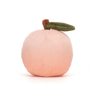 The back of the Jellycat Fabulous Fruit Peach plush reveals its soft pink fur and cute little brown stalk with a green leaf.