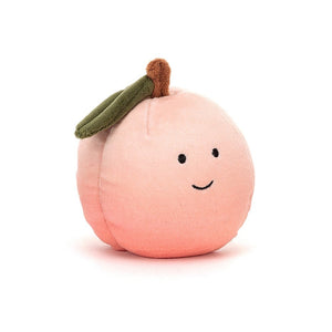 A super soft and cuddly Jellycat Fabulous Fruit Peach plush toy with a stitched smile and a cute brown stalk and green leaf.