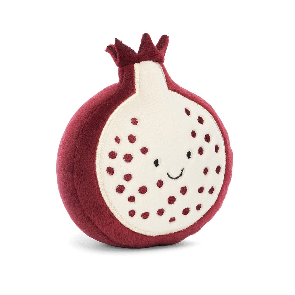 Front: A luxuriously soft Jellycat Fabulous Fruit Pomegranate plush with a crown of stitched red pips, a cute little stem, and a friendly stitched smile.