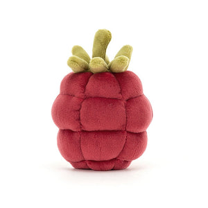  The back of the adorable Jellycat Fabulous Fruit Raspberry plush, showcasing its vibrant red fur, small black eyes, and a glimpse of its green stalk beret.