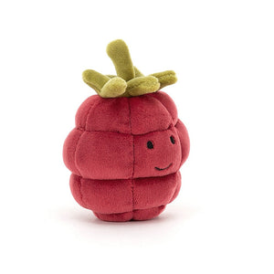 Playful Jellycat Fabulous Fruit Raspberry plush leans in for a hug, with its vibrant red fur and jaunty green beret tilted at a charming angle.