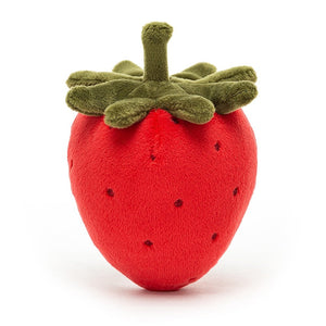 Jellycat Fabulous Fruit Strawberry plush from the back, emphasizing its green leaves and rounded, berry-like shape.