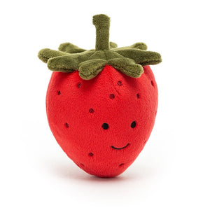 Jellycat Fabulous Fruit Strawberry plush, slightly angled, showing its red fur, green leaves, and stitched seeds.