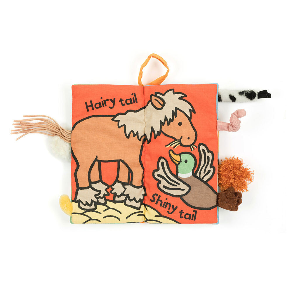 Inside pages of Jellycat Farm Tails book showing horse and duck with “Hairy tail” and “Shiny tail” text.