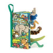 Front cover of Jellycat Jungly Tails soft baby book with colourful jungle animals and fabric tails.