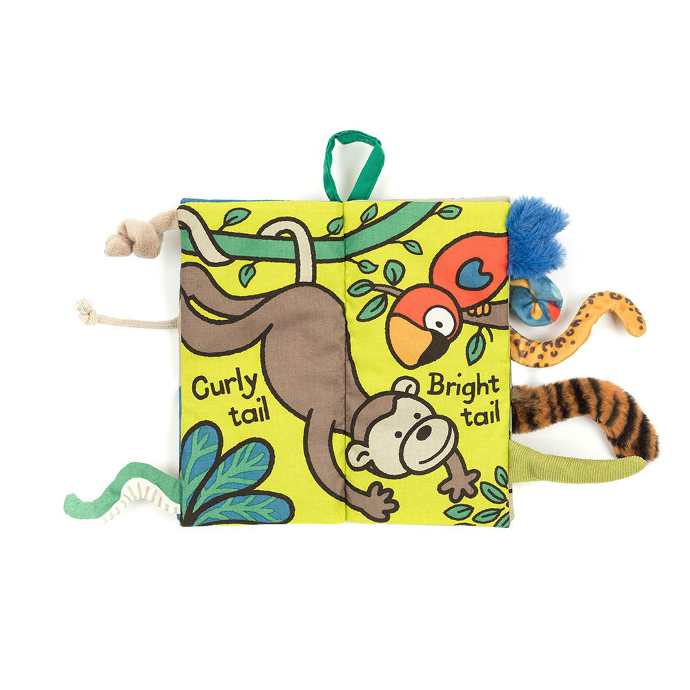 Jellycat Jungly Tails open page showing monkey and parrot with “Curly tail” and “Bright tail” designs.