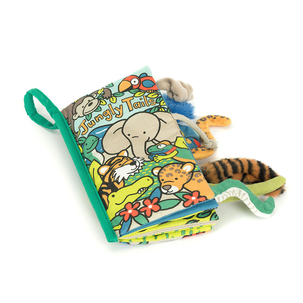 Jellycat Jungly Tails cloth book lying flat, showing bright animal illustrations and multiple soft tails.