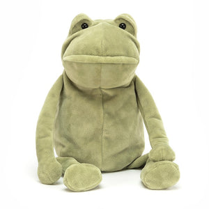 Jellycat Fergus Frog in a sitting position, with a mossy green body, big eyes and a very large mouth.
