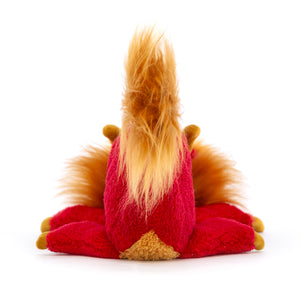 Rear View: Jellycat Festival Dragon plush red dragon with golden tail.