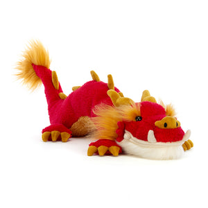 Angled View: Jellycat Festival Dragon plush red dragon with golden accents.