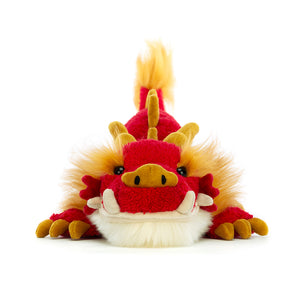 Front View: Jellycat Festival Dragon plush red dragon with  cream teeth and golden accents.