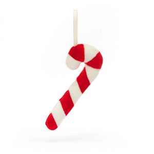 Back View: Jellycat Festive Folly Candy Cane ornament in profile, showing its strawberry and vanilla stripes.