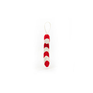  Side view of Jellycat Festive Folly Candy Cane ornament, highlighting its texture and the two-tone stripes.