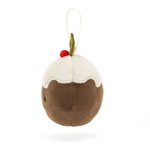 Jellycat Festive Folly Christmas Pudding, side view, plush toy with icing cap and embroidered details.