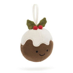 Jellycat Festive Folly Christmas Pudding, angled view, soft plush toy with red berries and holly.