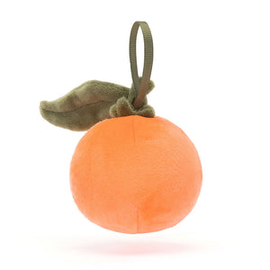 Cuddly Jellycat Festive Folly Clementine(back view): Orange plush clementine with green stalk & hanging loop.