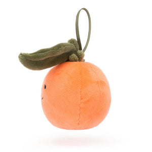 Soft Jellycat Festive Folly Clementine  (side view): Orange plush clementine with green stalk, stitched leaves & hanging loop.