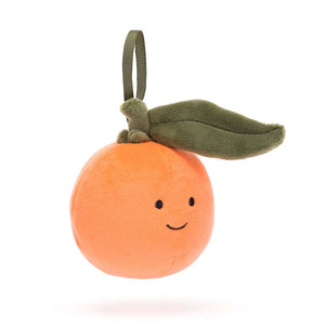 Jellycat Festive Folly Clementine(angled view): Orange plush clementine with green stalk, stitched leaves & hanging loop.